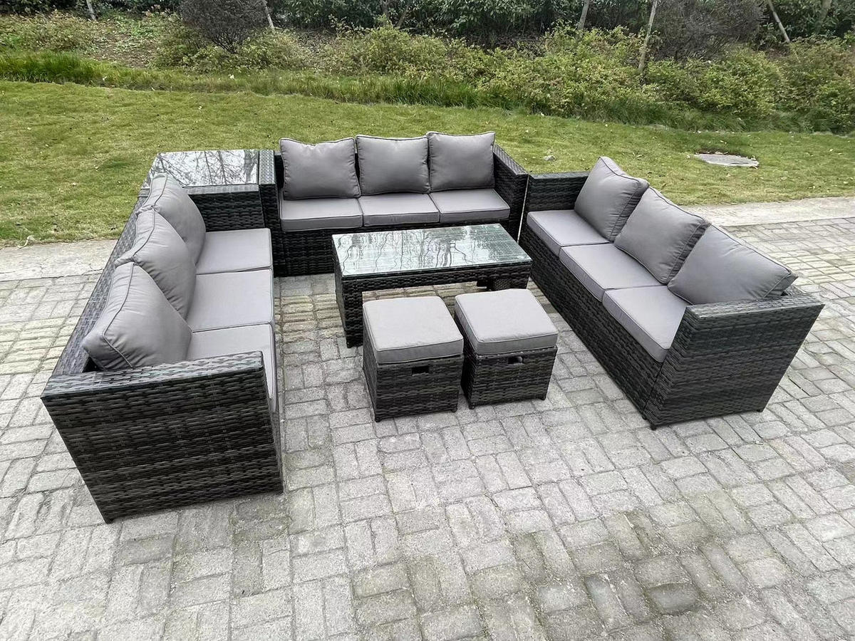 LOUNGESOFA Polyrattan 11-Sitzer - Dunkelgrau/Grau, Glas/Kunststoff - Fimous