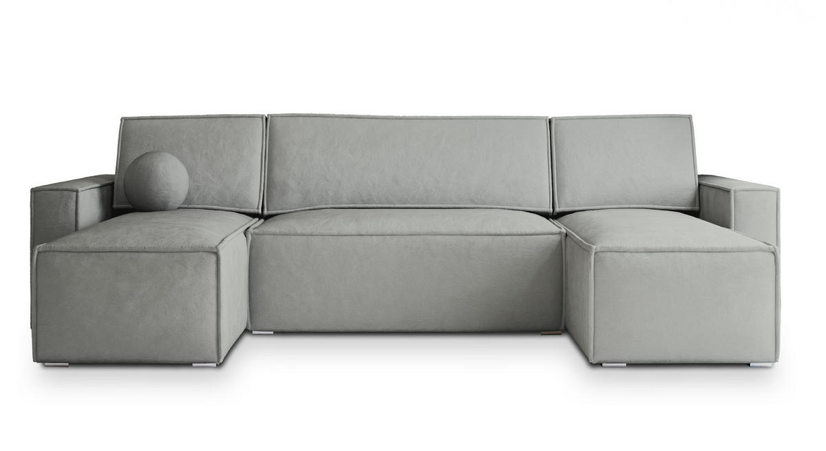 WOHNLANDSCHAFT PESANO M Hellgrau Velours-Stoff mit Schlaffunktion - Hellgrau, Holz (306/85/140cm) - MASSENO