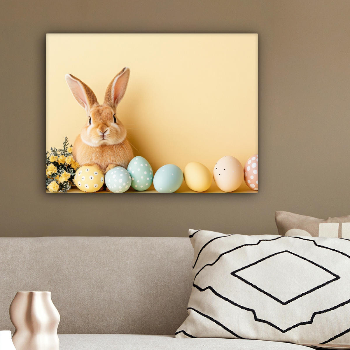 LEINWANDBILD Eier - Kaninchen - Pastellfarbtöne Wandbild 40x30 cm - Hellgelb, Textil (40/30cm) - MuchoWow