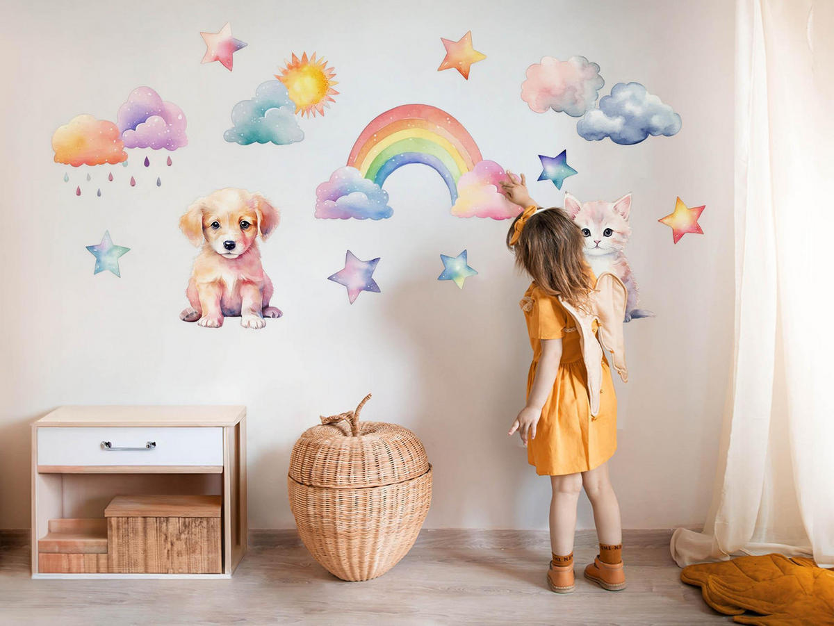 WANDAUFKLEBER 130x177cm - Tiere Himmel Regenbogen - Multicolor, Kunststoff (130/177/0.1cm) - Wallfluent