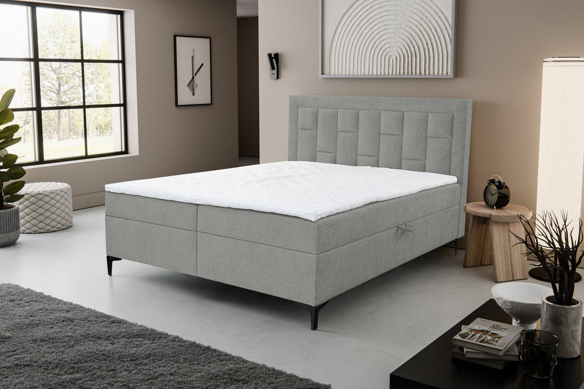 BOXBETT VENEZIA mit 2 Bettkästen, Maße: 140x200 cm, Farbe: Grau, Velourstoff, mit Bonell-Matratze inkl. Topper - Grau, Holz/Kunststoff (140/200cm) - VENASI MÖBEL