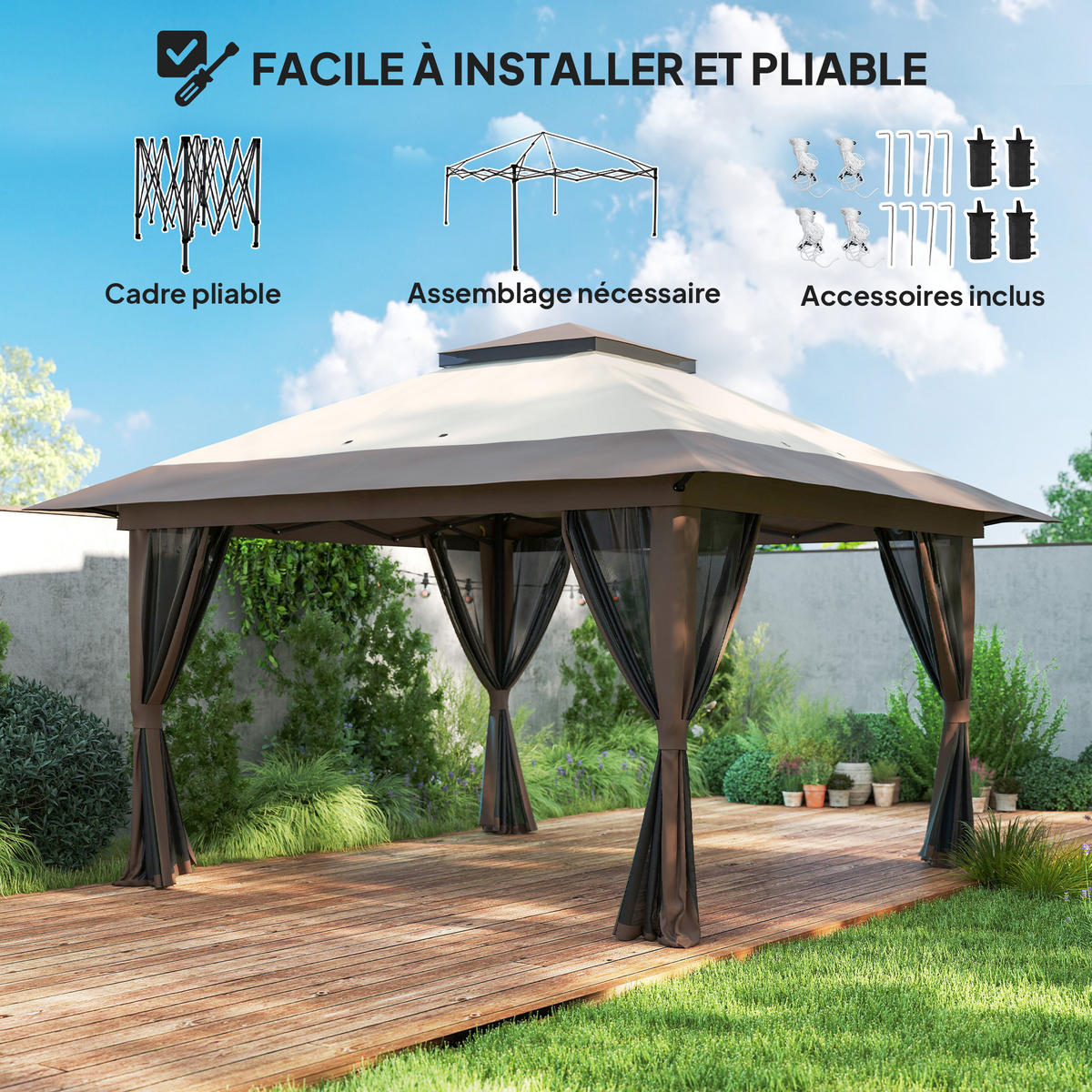 PAVILLON DE-13956 Pop-up 4/4 m, Doppeldach, UV50+, 4 Moskitonetze Beige - Beige, Textil (392/283/392cm) - ComfortXL