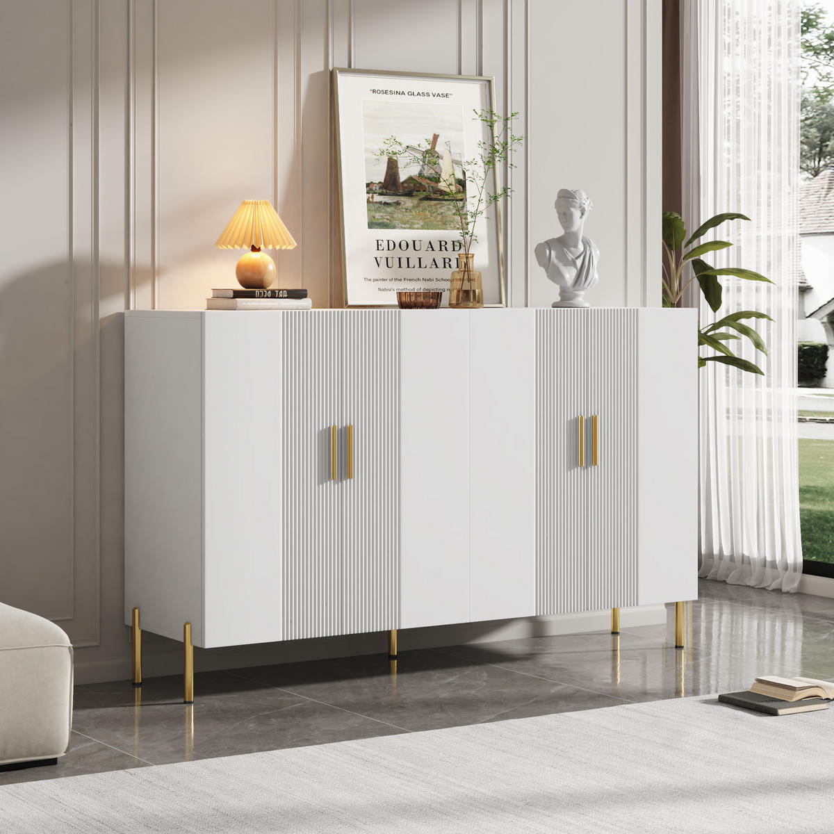 SIDEBOARD Weiß, 4 Türen mit Innenfächern, mit goldenen Griffen und Füßen, 160/40/100 cm - Weiß, Holzwerkstoff (160/100/36.5cm) - WISHDOR