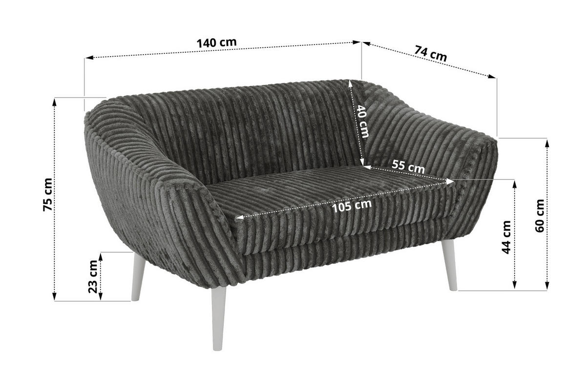 2-SITZER-SOFA PIRS - Grau Cord - Weiße Beine - Weiß/Grau, Holzwerkstoff/Textil (140/75/74cm) - MKS