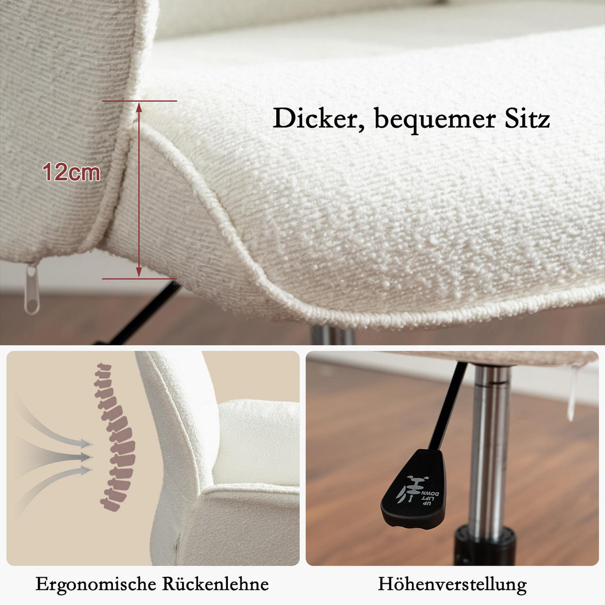 DREHSTUHL 6er Set in Eisen Bouclé - Weiß, Metall (63/94/66cm) - Meubles Cosy