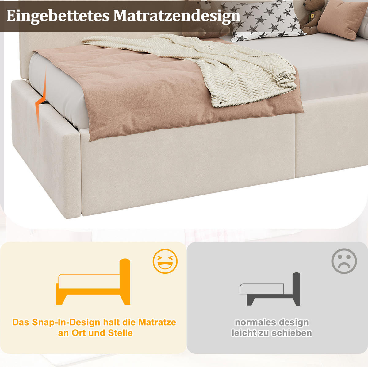 POLNJENA postelja iz žameta 90x200 cm bež s hidravličnim predalom, bralno svetilko, USB in Type-C priključkom - bež, tekstil (90/200cm) - Modfu