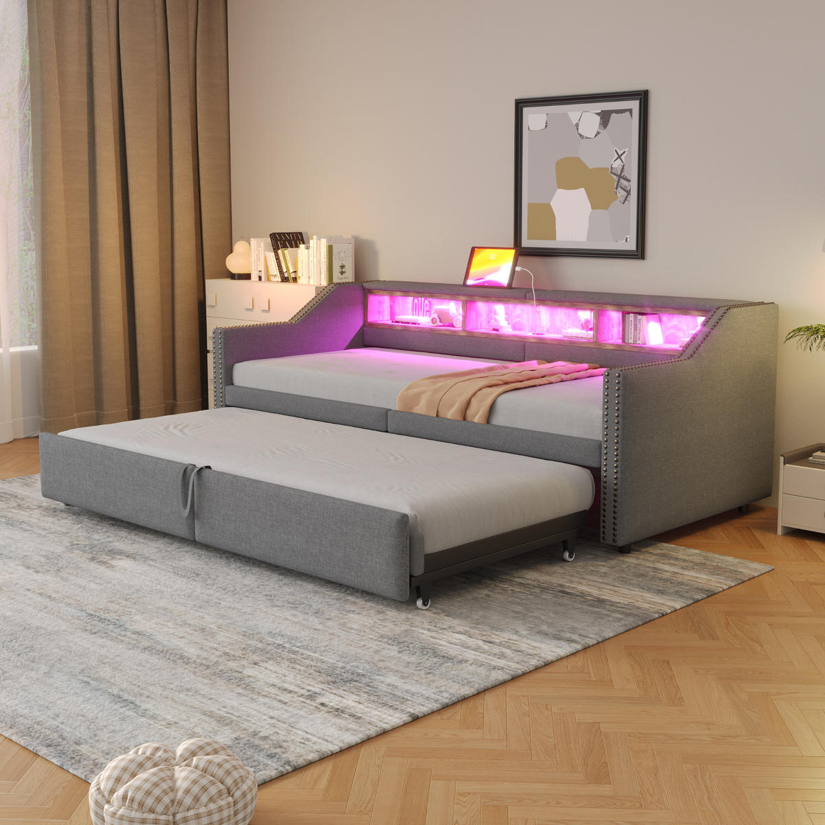 MULTIFUNKTIONSBETT 90/200 cm und 180/200 cm Hellgrau mit Ausziehbarem Schlafsofa und LED-Beleuchtung Mit Matratze - Hellgrau, Textil (90/200cm) - OKWISH
