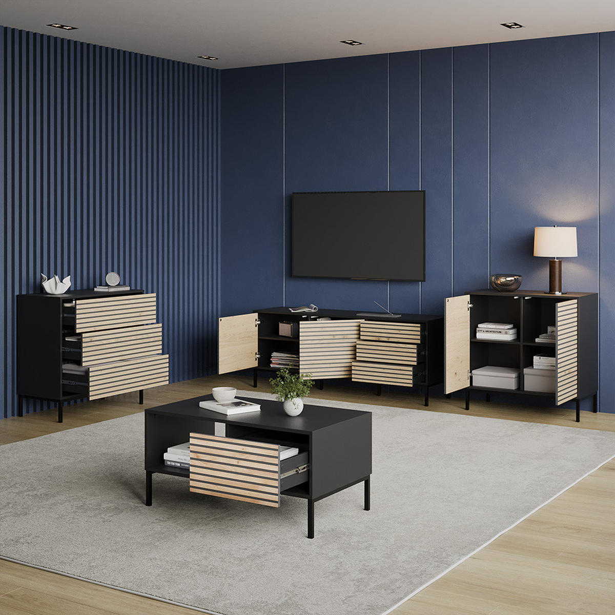 KOMMODE Aterno Goldkraft Eiche/Anthrazit mit 2 Türen - Honigeiche/Anthrazit, Holzwerkstoff (80/81.2/40cm) - Livinity®