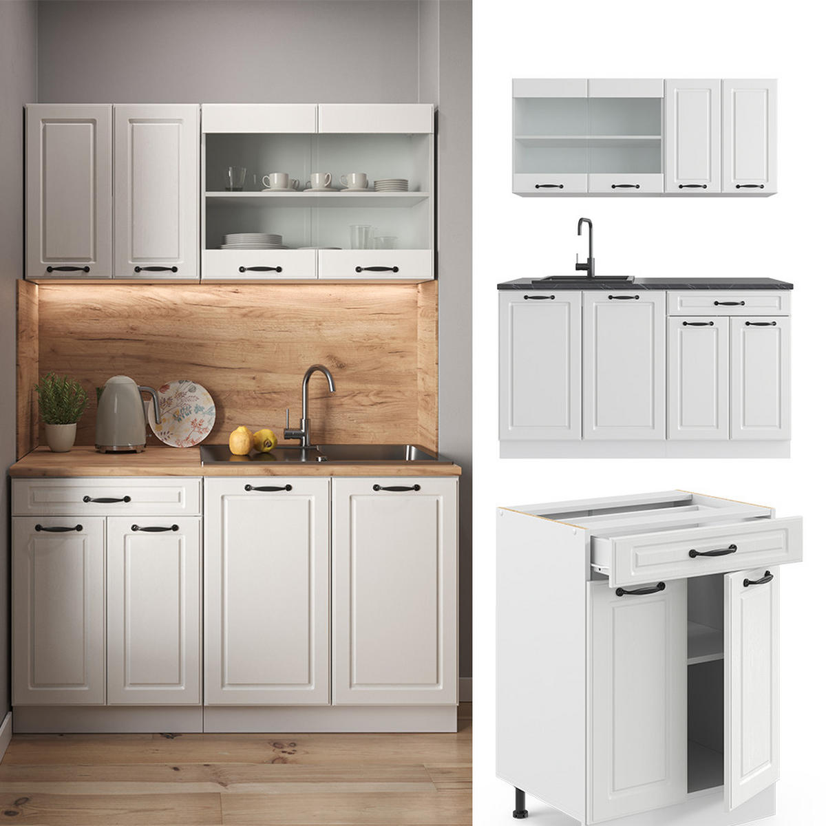 SINGLEKÜCHE R-Line Weiß Landhaus/Weiß 140 cm ohne AP - Creme/Weiß, Holzwerkstoff (140/81.6/46cm) - Vicco