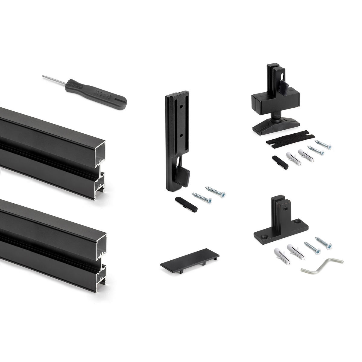 RAHMEN Zero, mit Beschlägen und Profilen für Boden- und Wandmontage mit rechteckiger Nivellierung, Aluminium und Zamak, Schwarz strukturiert 3er-set - Schwarz, Metall (2.2/217/28.5cm) - EMUCA