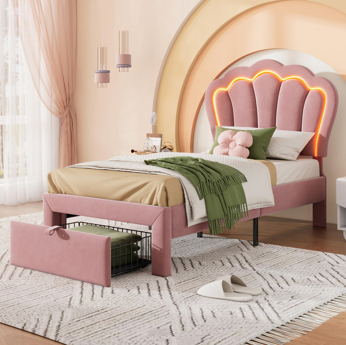 JUGENDBETT 90/190 cm aus Samt mit LED-Beleuchtung, Schublade und höhenverstellbarem Kopfteil Rosa - Rosa, Textil (90/190cm) - Modenvie