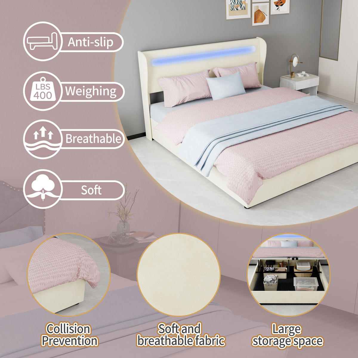 POLSTERBETT PANG-M4K9B2 160/200 cm Beige - Beige, Metall - PANGIVO
