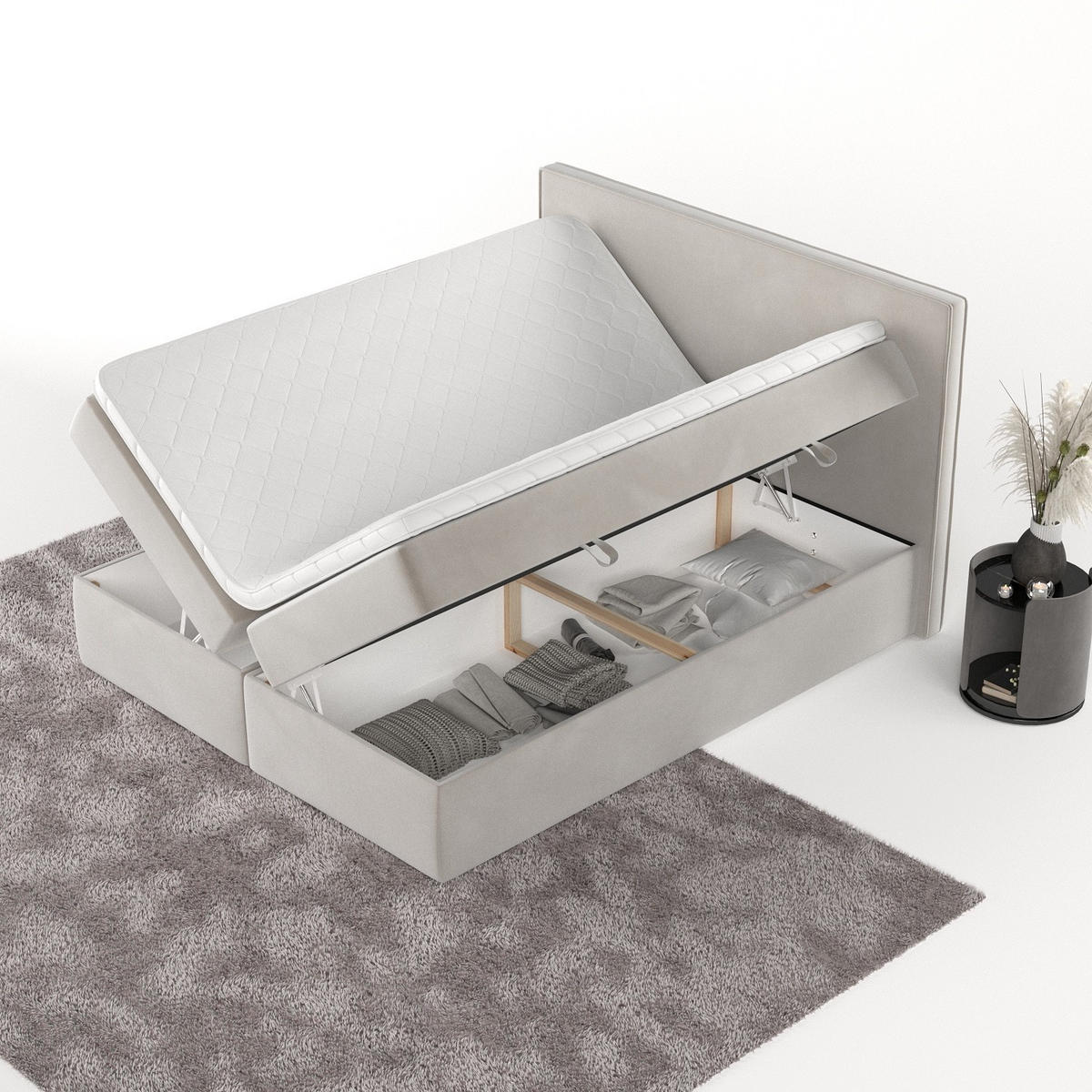 BOXBETT Nuvia 140/200 cm Hellbeige im Paros Stoff - Beige/Schwarz, Holz/Holzwerkstoff (140/200cm) - AltaBeds