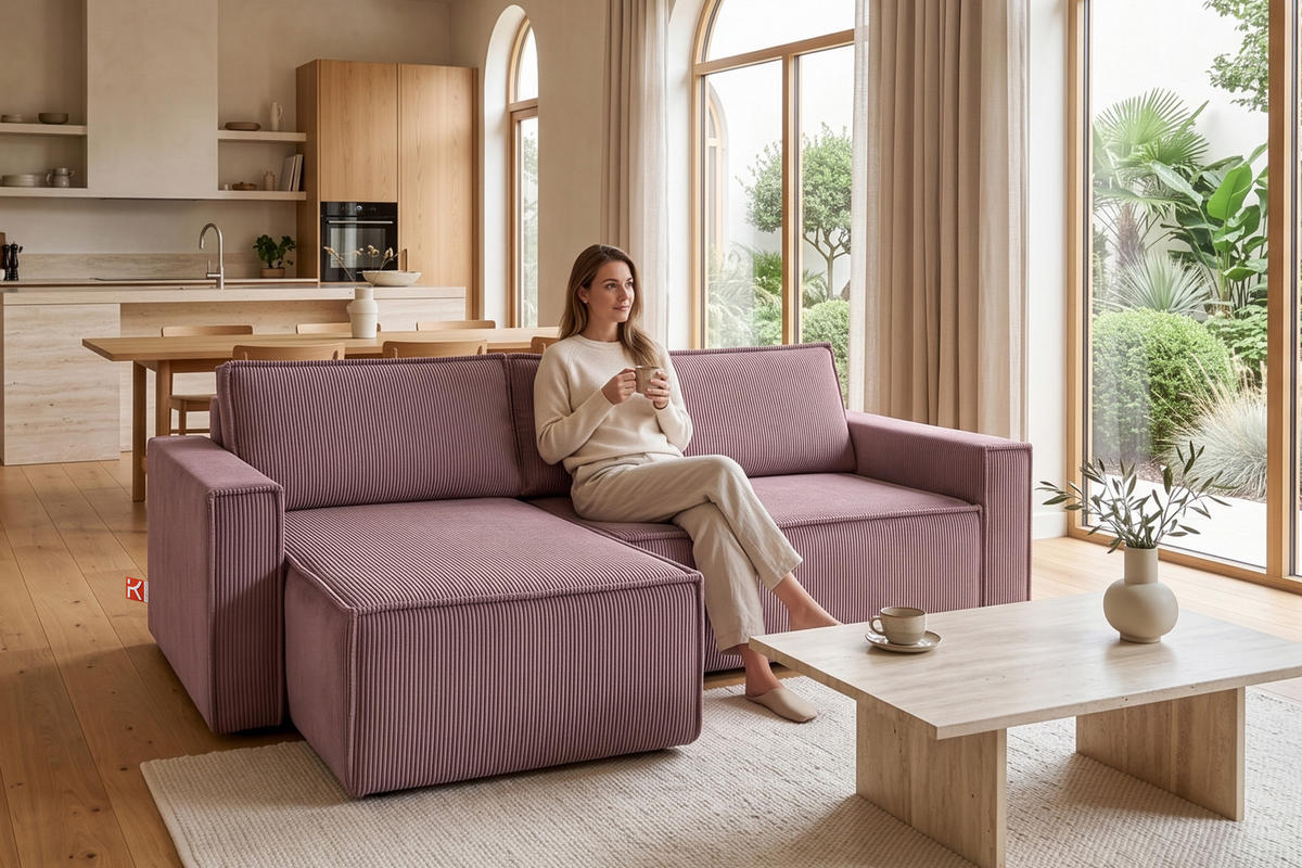 ECKSOFA-LINKS/RECHTS NAPI Schlaffunktion mit Cordbezug, lila - Violett/Schwarz, Textil (246/148cm) - KONSIMO®