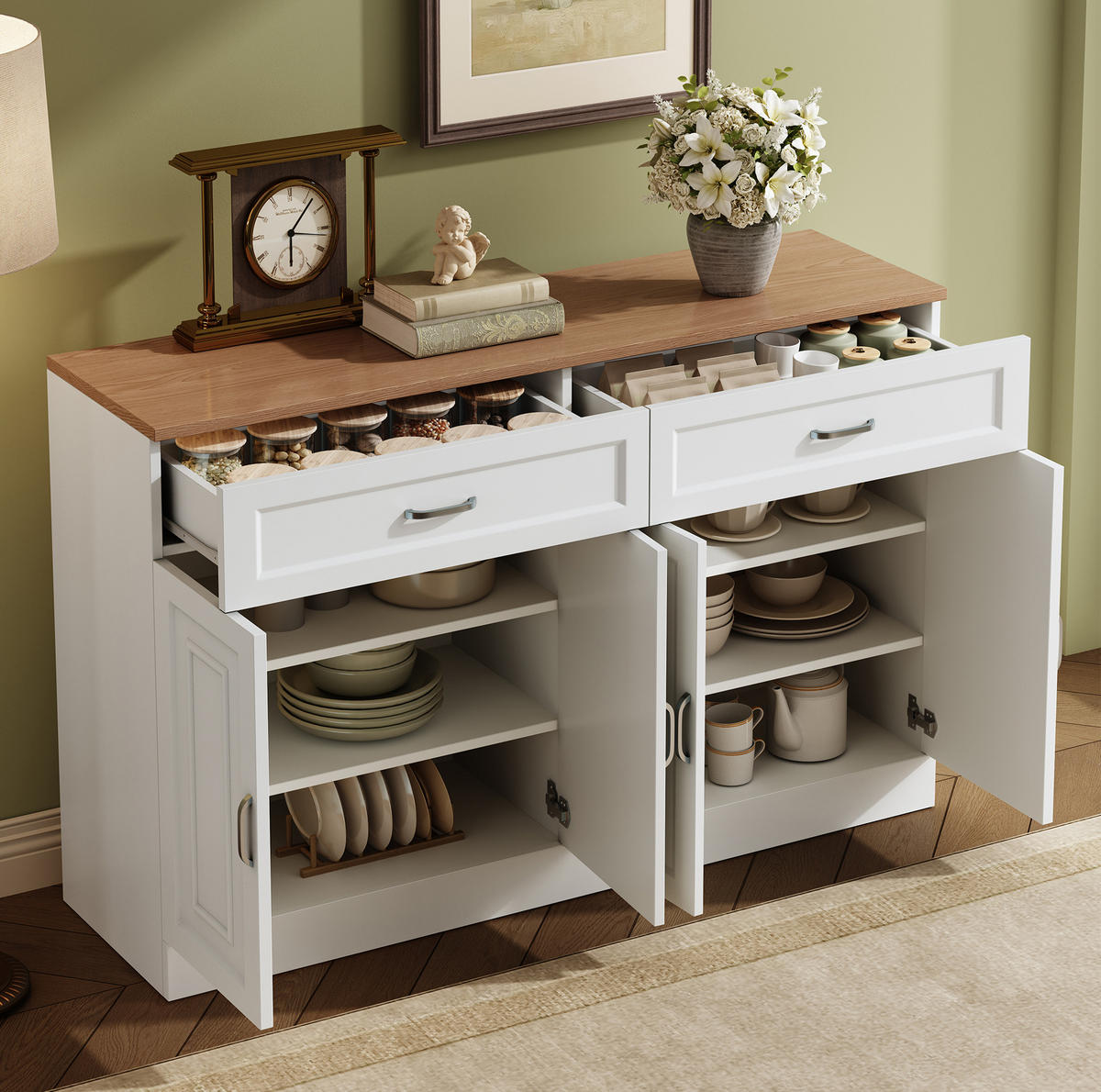 SIDEBOARD mit 4 Türen und 2 Schubladen, Spanplatte, 120/35/80,5 cm, Holzoptik, Weiß - Weiß, Holzwerkstoff (120/80.5/35cm) - Redom