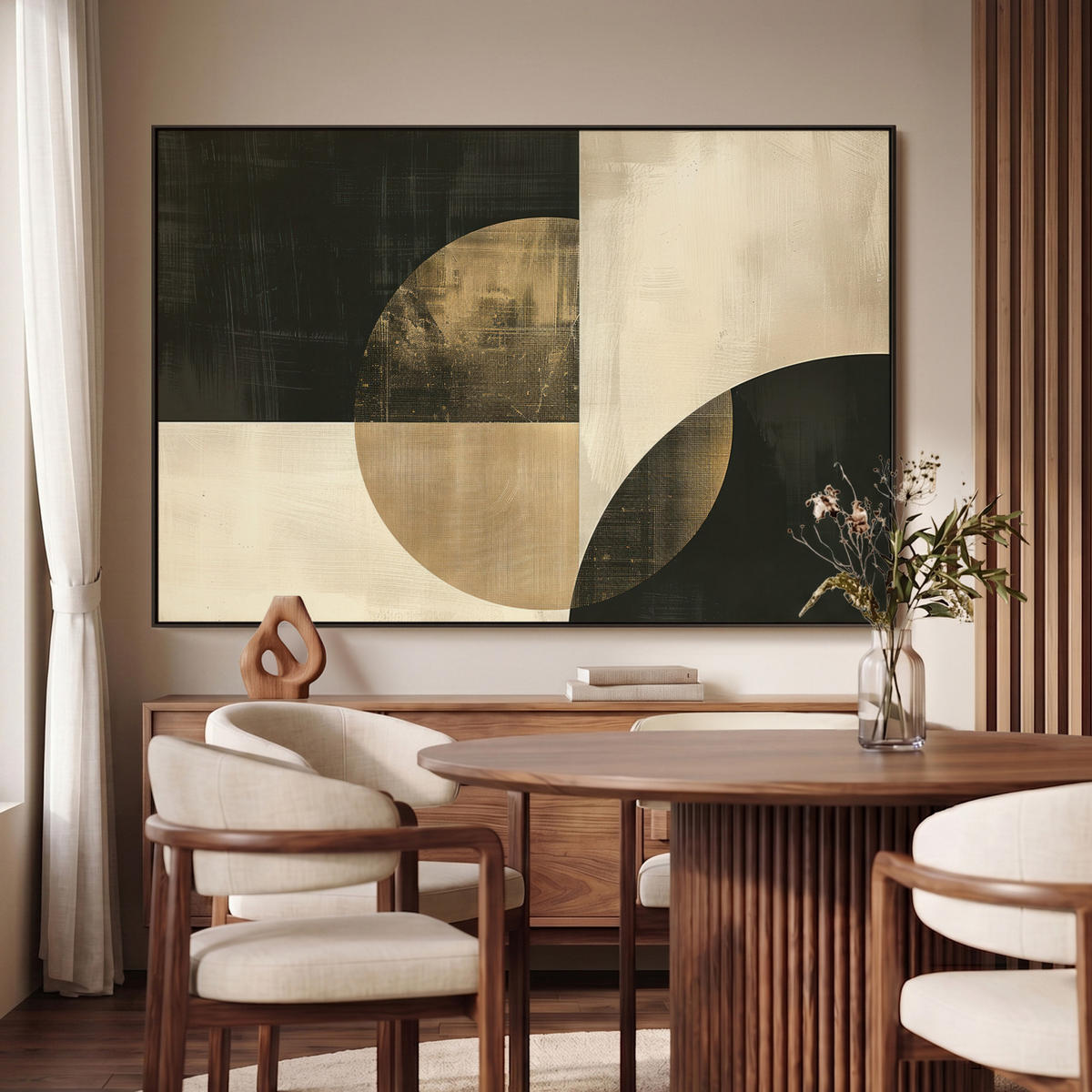 LEINWAND Bilder mit Rahmen - Abstrakt - Geometrische Formen - Schwarz - Gold - 140x90 - Ecru, Textil (140/90cm) - MuchoWow