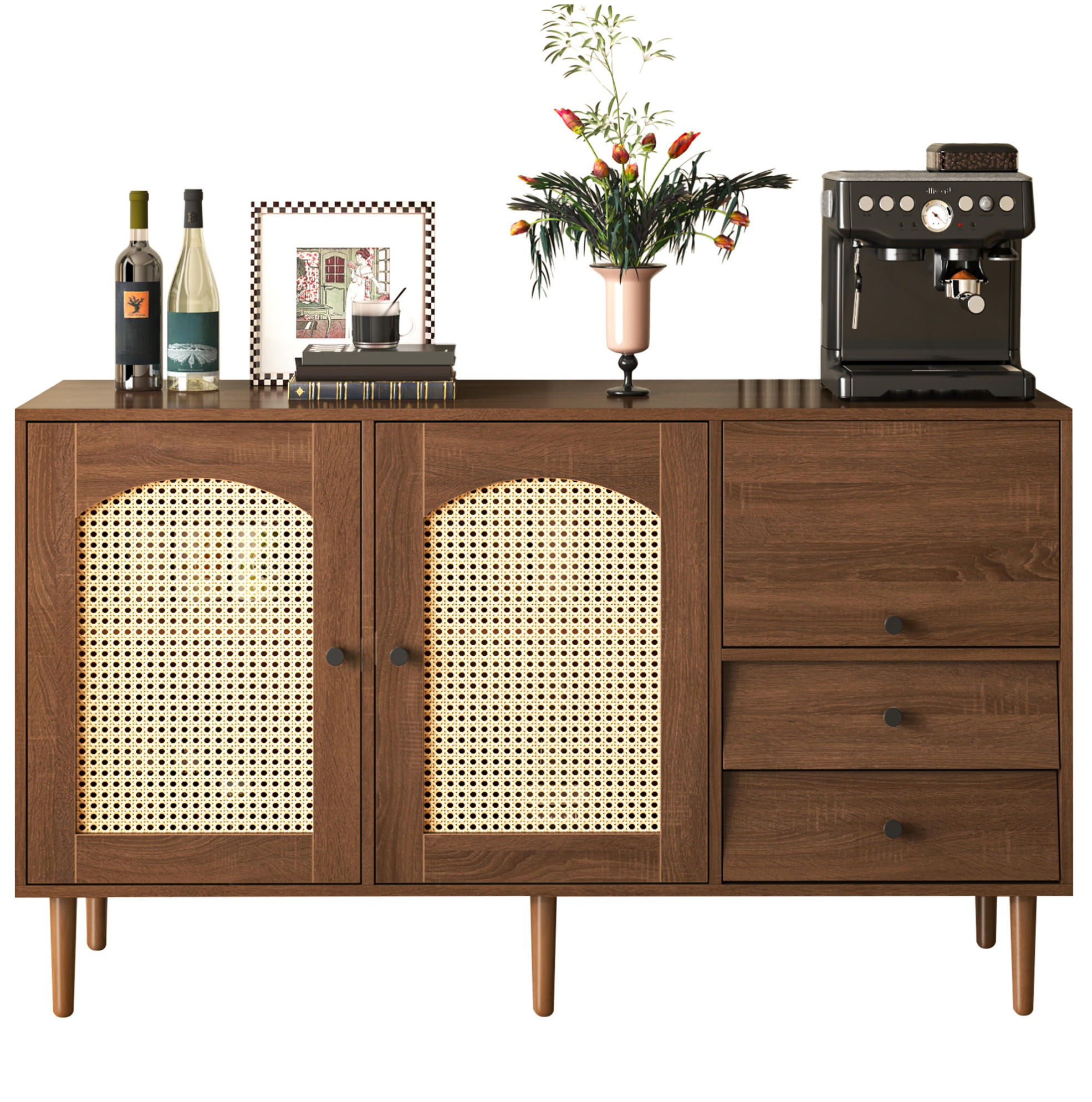 SIDEBOARD 130/40/75,5 cm aus Spanplatte mit Rattantüren im Landhausstil Holzfarben - Eichefarben, Holzwerkstoff (130/75.5/40cm) - Modenvie