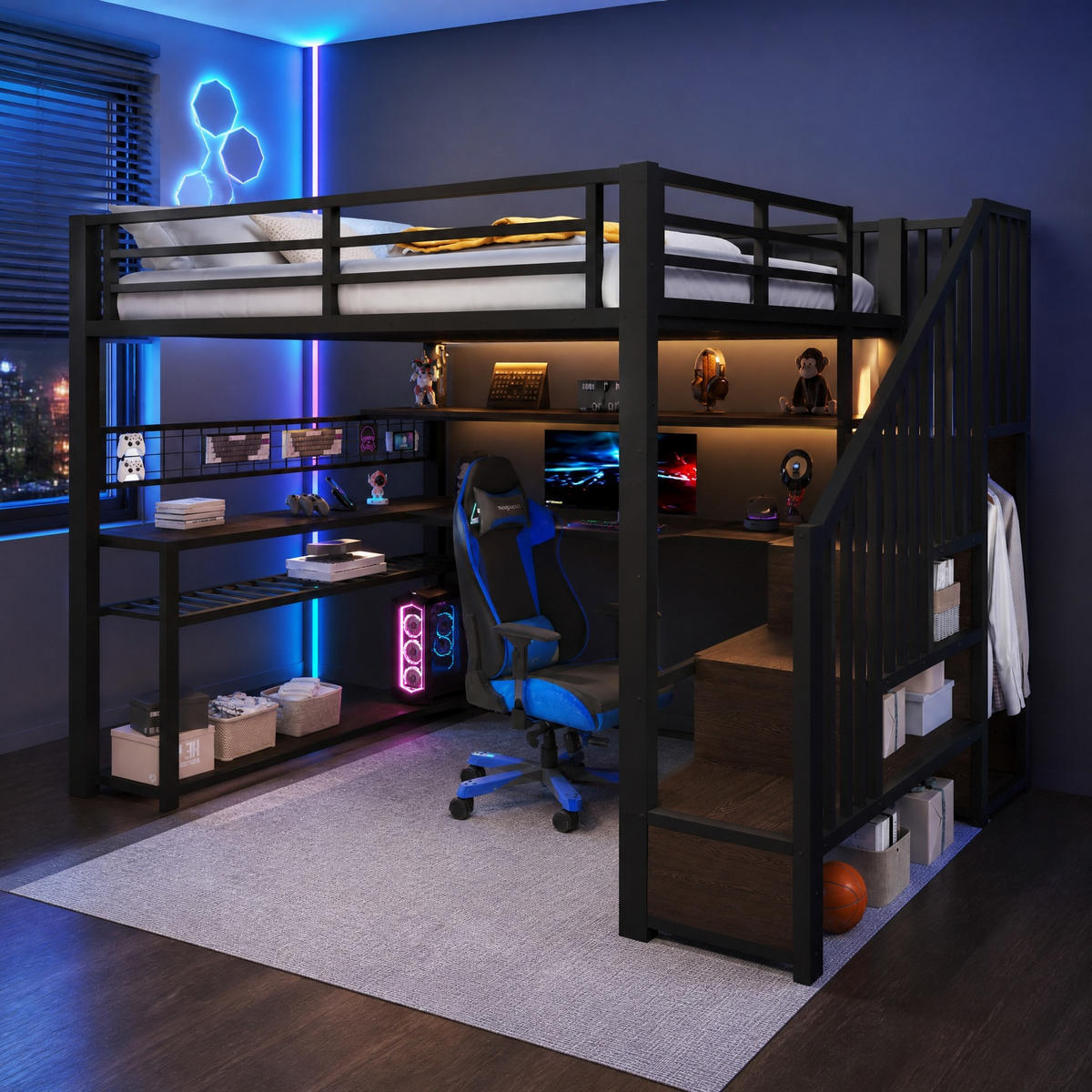 GAMING-HOCHBETT 140x200 cm in Schwarz mit LED, Schreibtisch, Kleiderschrank und Stauraum - Schwarz, Holzwerkstoff (140/200cm) - IVMEU