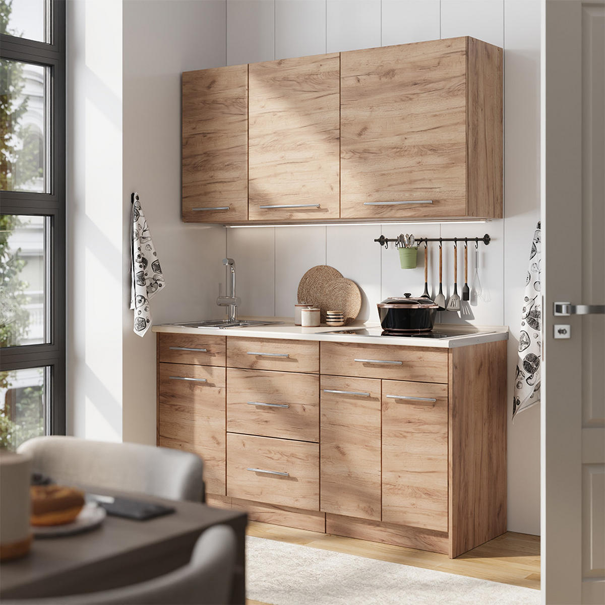 SINGLEKÜCHE Fame-Line, Goldkraft Eiche/Goldkraft Eiche, 150 cm Arbeitsplatte Marmor - Honigeiche, Holzwerkstoff (150/81.2/60cm) - Vicco