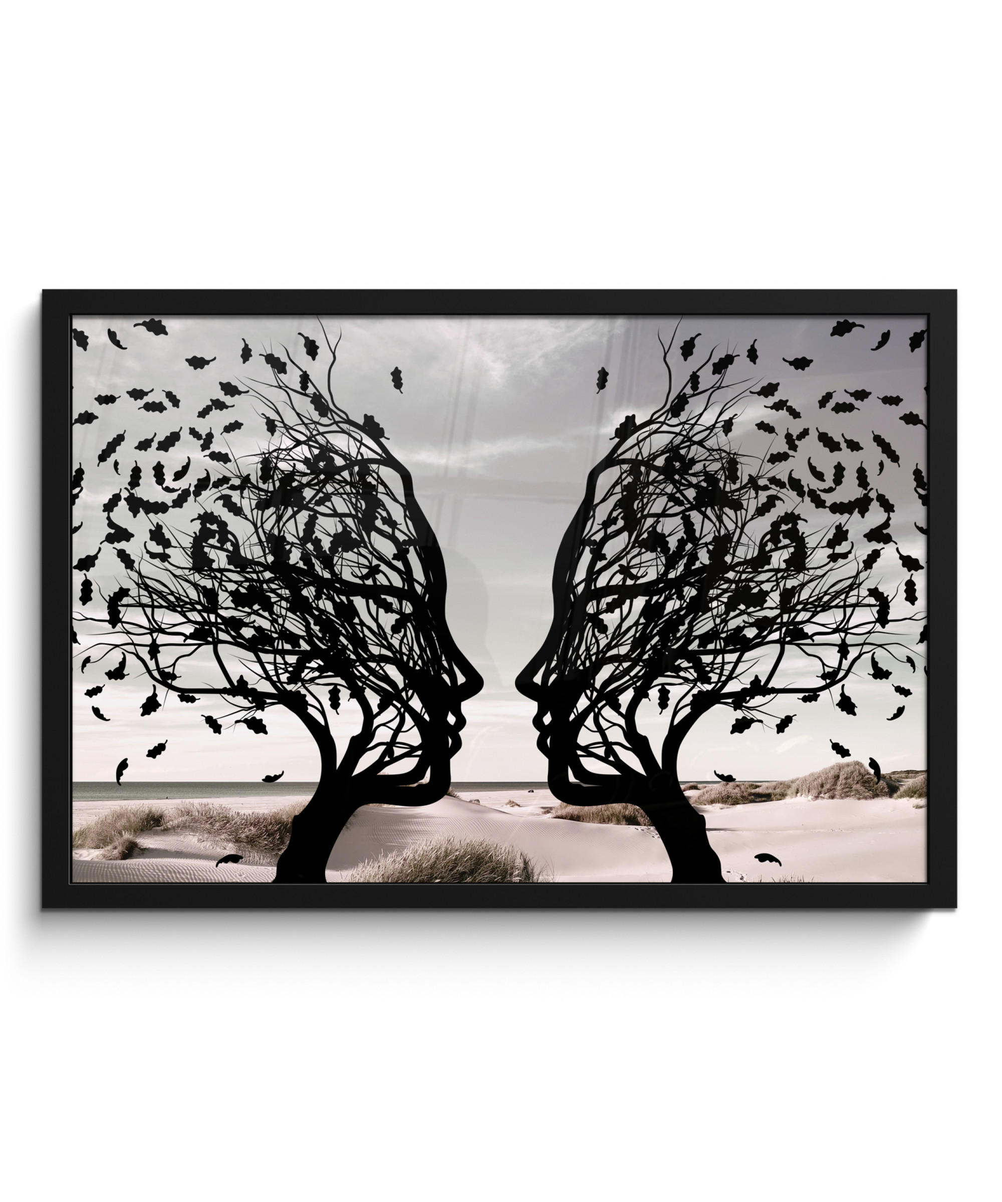 POSTER MIT RAHMEN Strand - Meer - Menschen - Baum - Moderne Kunst 60x40 cm - Hellgrau, Papier (60/40cm) - MuchoWow