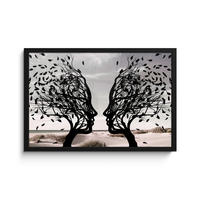 ZARÁMOVANÝ PLAGÁT Pláž - more - ľudia - strom - moderné umenie 60x40 cm - svetlosivá, papier (60/40cm) - MuchoWow