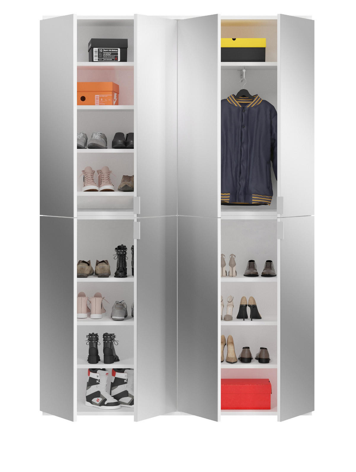 SCHUHSCHRANK weiß 122 cm, Garderobe 8 Türen mit Spiegel, Garderobenmöbel - Weiß Hochglanz/Silberfarben, Holzwerkstoff/Kunststoff (122/193/34cm) - Inn.Furn