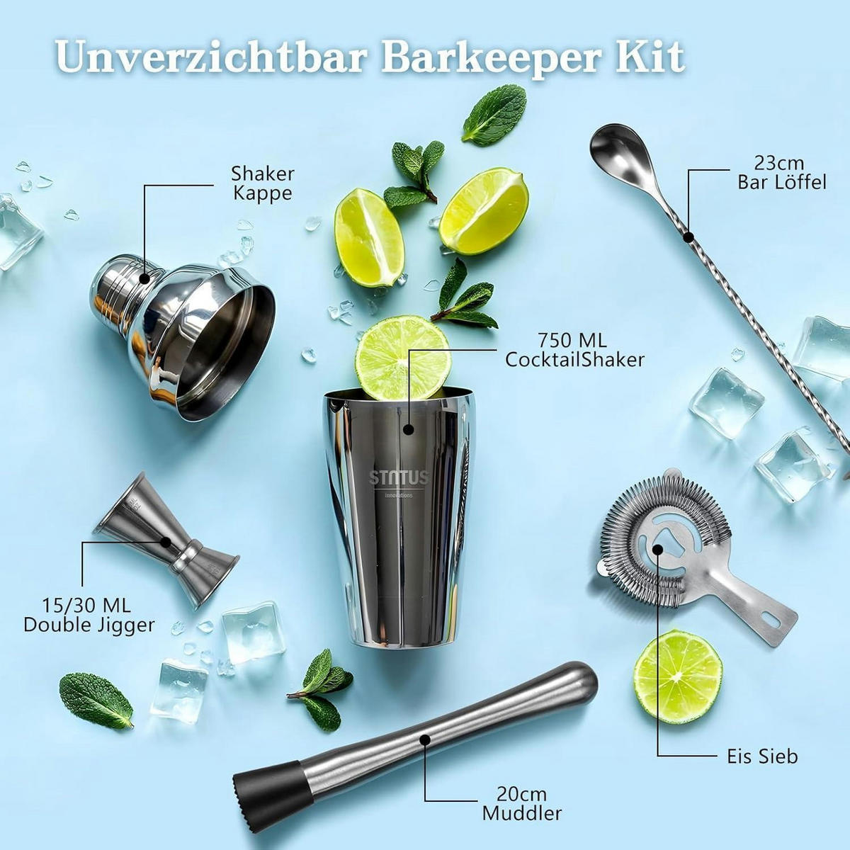 COCKTAILSHAKER Set 5-teilig Edelstahl 750ml - Silberfarben, Metall (7/24/5cm)