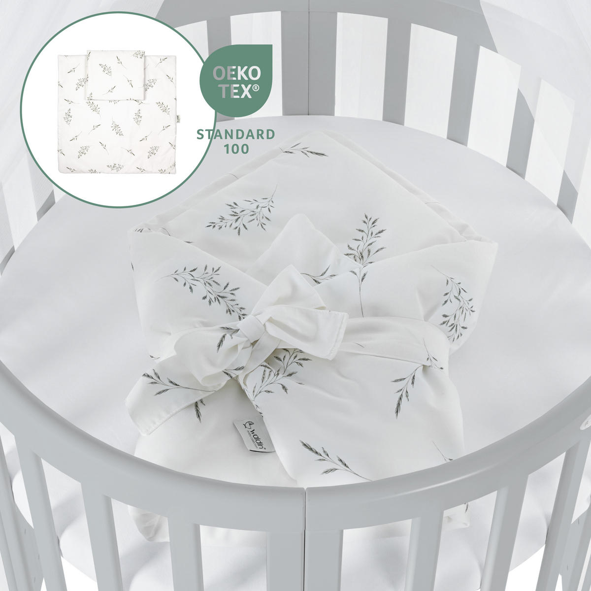 BABYBETT GREY OVAL 7in1 mit Matratze und Himmelset - Weiß/Grau, Holz/Textil