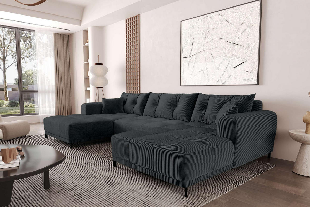 WOHNLANDSCHAFT Massimo Cordstoff Graphitfarben inkl. Schlaffunktion - Graphitfarben/Schwarz, Textil/Metall (356/94/181cm) - 99rooms