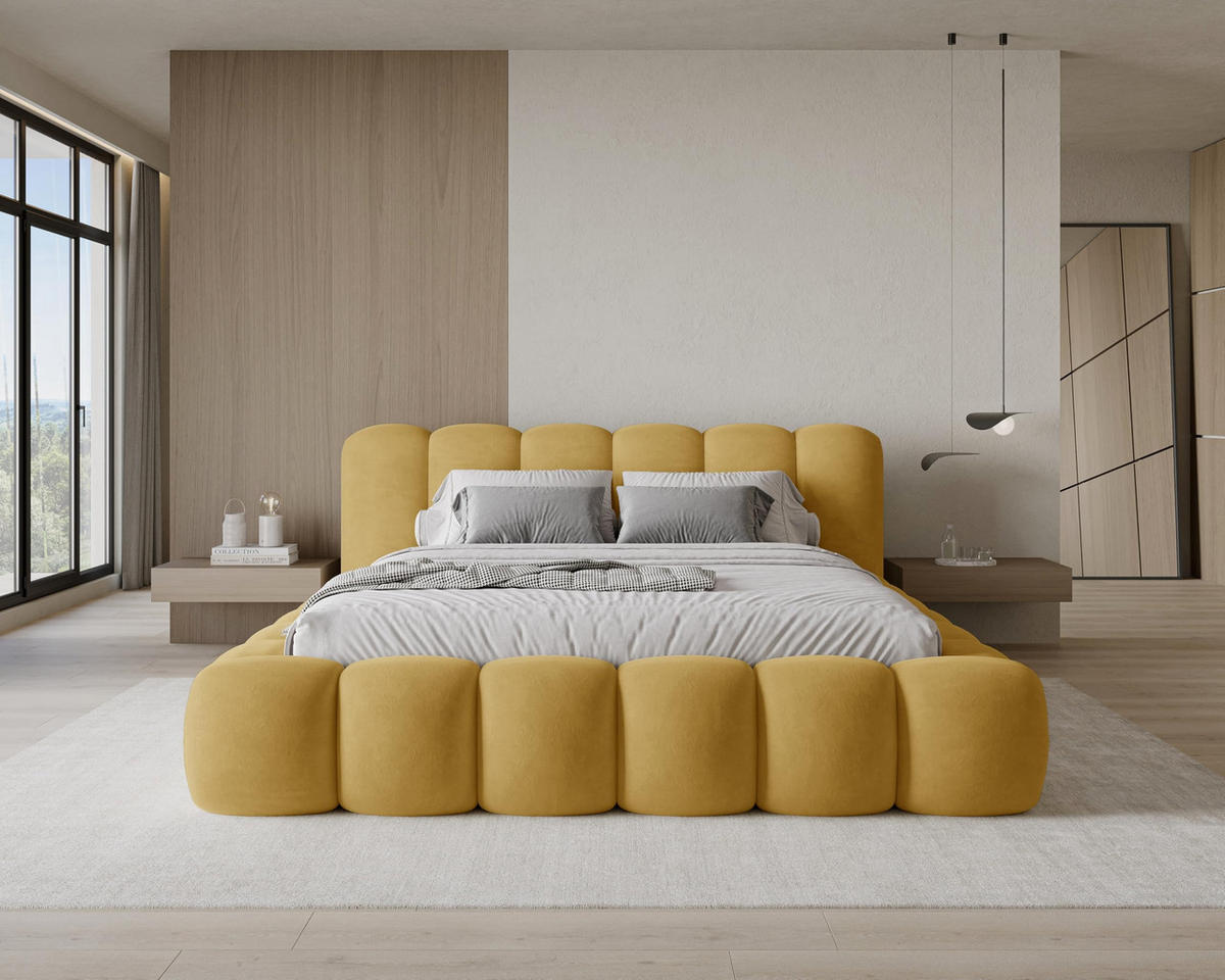 POLSTERBETT 160x200 mit Bettkasten, Lattenrost und Kopfteil, Velluto-Samt Stoffbezug Gelb - Gelb, Holz (160/200cm) - Chilly