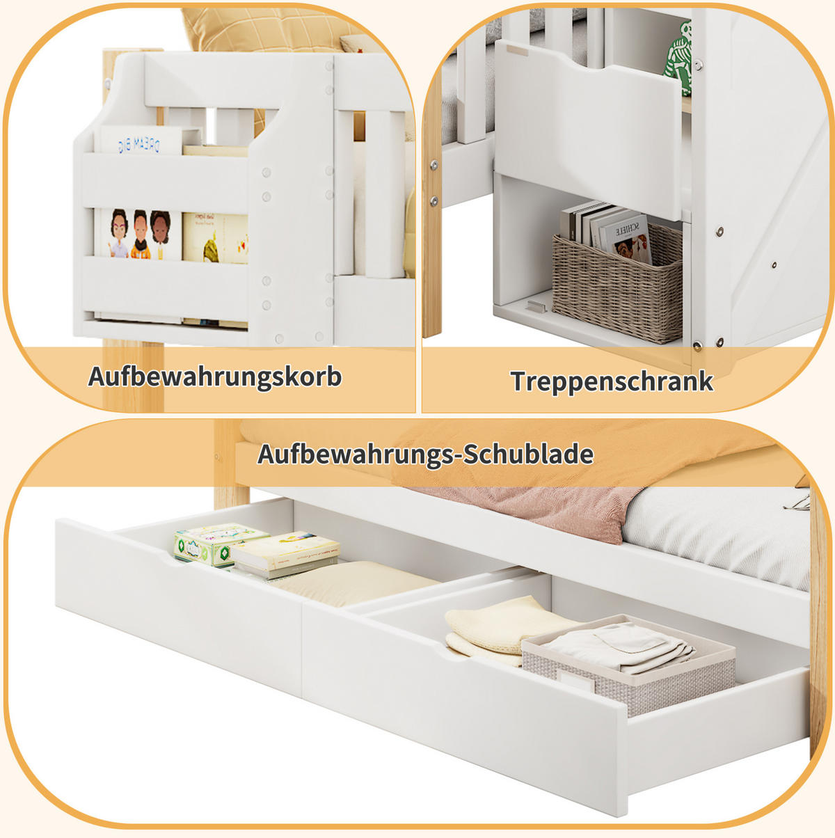 ETAGENBETT 90/140/200 cm in Weiß/Natur mit Treppenschrank und Stauraum - Weiß, Holzwerkstoff (90/200cm) - OKMYHOME