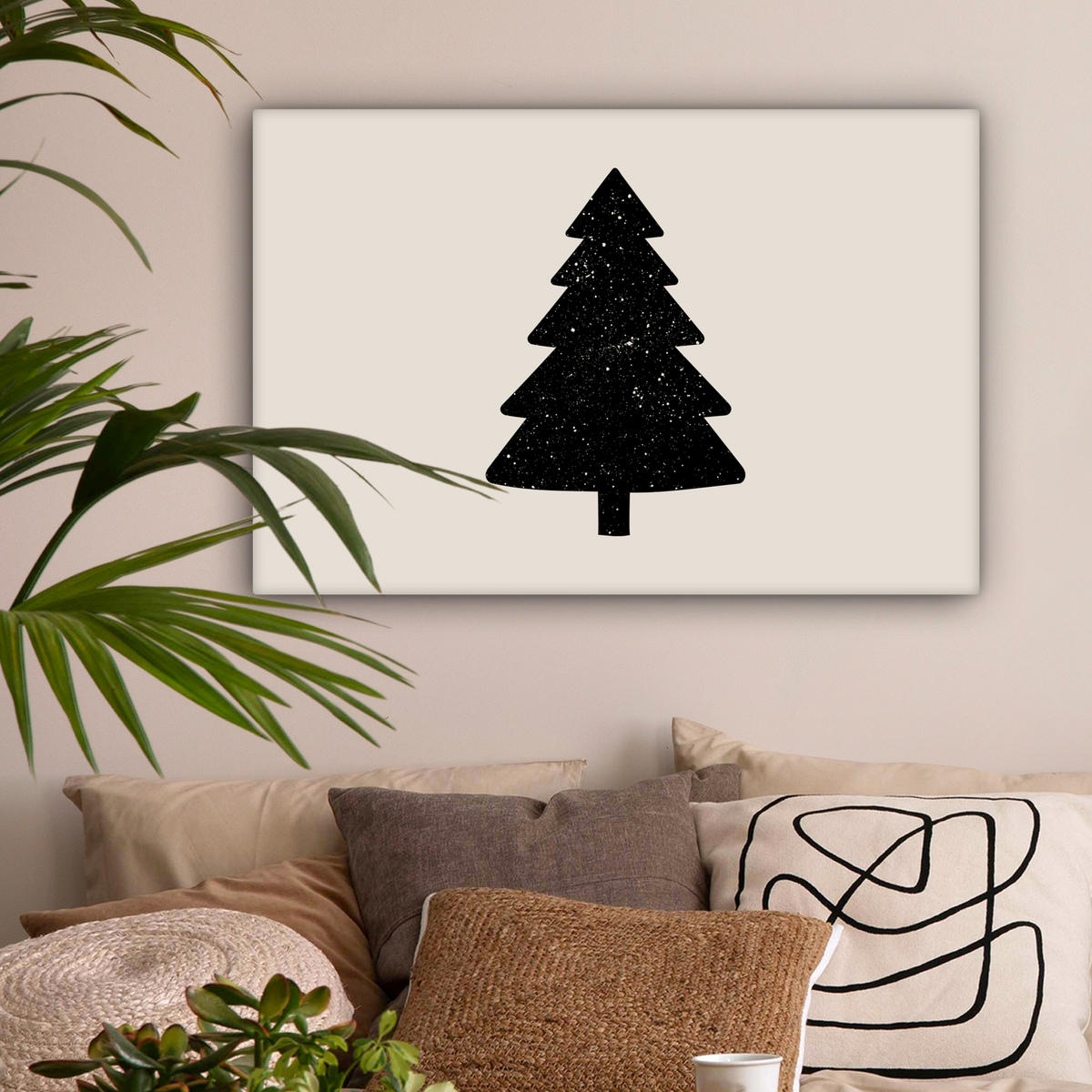 LEINWANDBILD Weihnachtsbaum - Schwarz - Urlaub - Beige Gemälde 60x40 cm - Schwarz, Textil (60/40cm) - MuchoWow