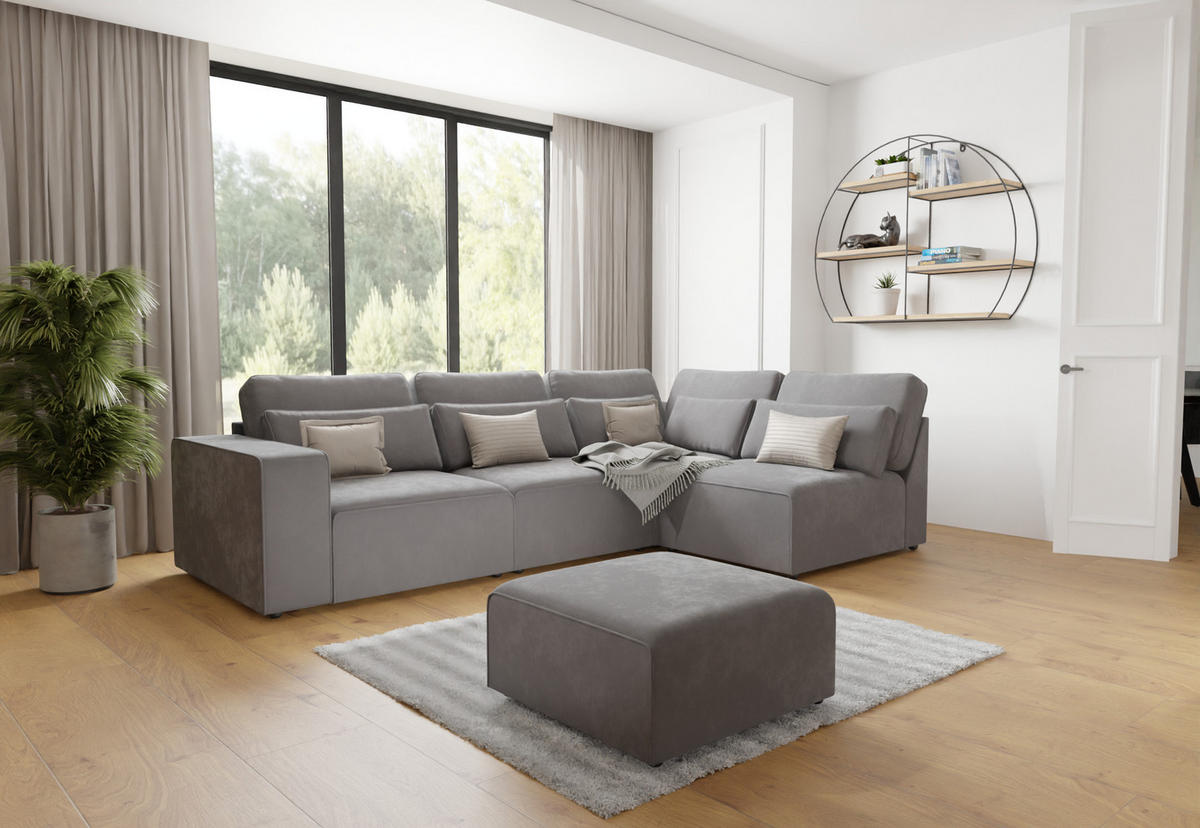 ECKSOFA modularer Leox Grau Samt-Stoff - Schwarz/Grau, Kunststoff/Textil (305/281cm) - S-Style Möbel