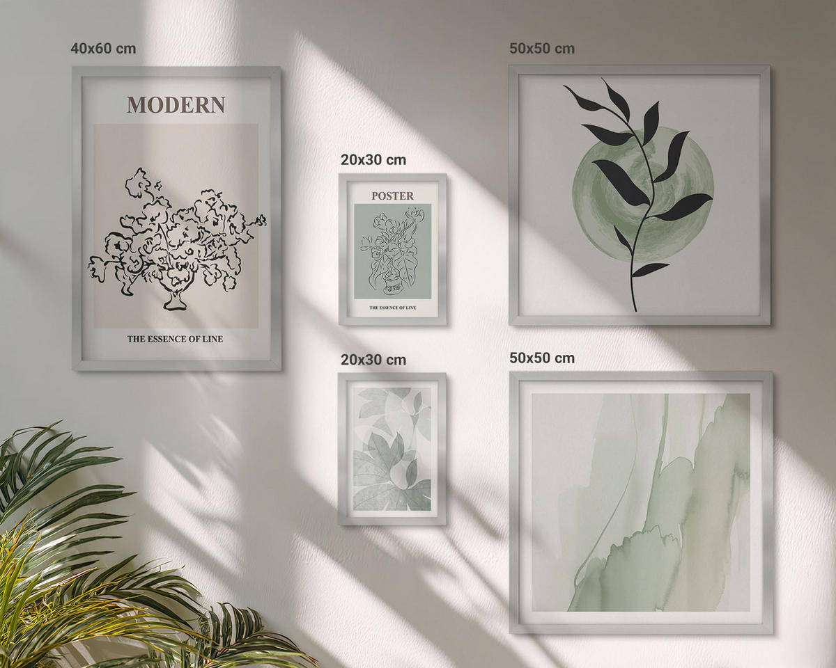 BILDER SET 5er Set - 50x50 cm & 20x30 cm & 40x60 cm Silberner Rahmen - Blumen in einer modernen Vase - Silberfarben, Kunststoff (40/60cm) - TULUP