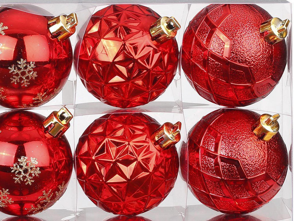 WEIHNACHTSORNAMENTE 12er-Set runde Ornamente rot Mix 6 cm - Rot, Kunststoff (6/6/6cm) - LAALU