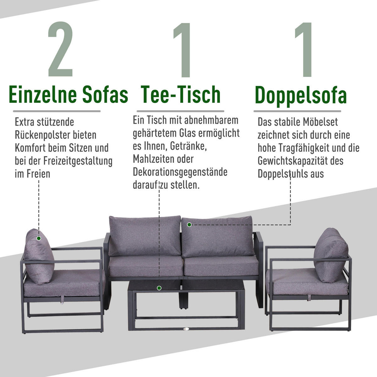 GARTENMÖBEL-SET, Aluminium, Polyester, Grau - Grau, Metall - Outsunny