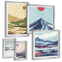 BILDER SET 5er Set - 50x50 cm & 20x30 cm & 40x60 cm Silberner Rahmen - Berge minimalistische Pastellfarben - Silberfarben, Kunststoff (40/60cm) - TULUP