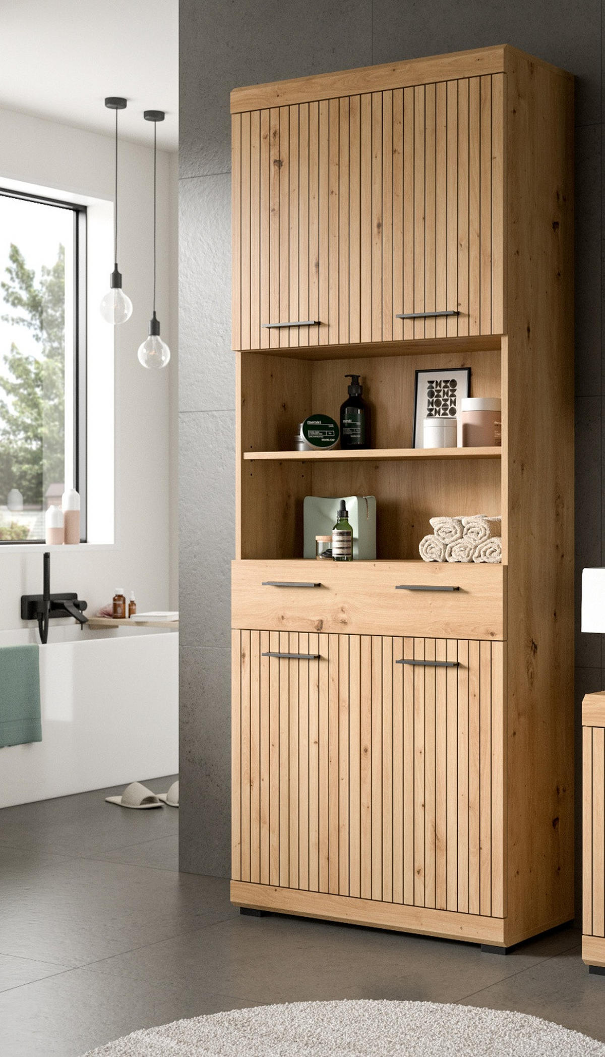 HOCHSCHRANK Eiche Artisan 74 x 191 cm, Badschrank in modernem Design - Schwarz/Eiche Artisan, Holzwerkstoff/Kunststoff (74/191/31cm) - Inn.Furn