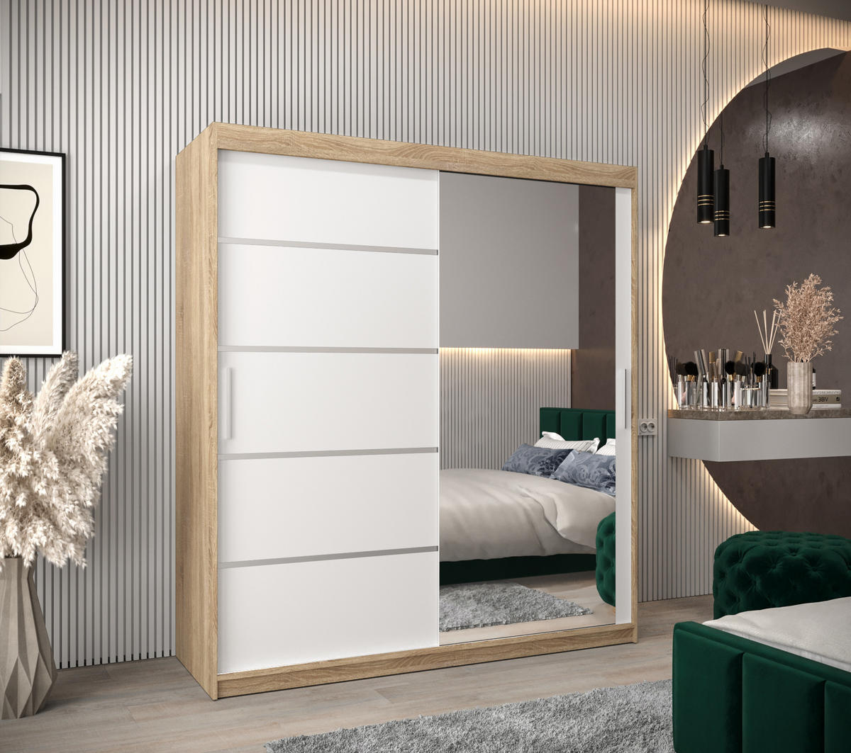SCHWEBETÜRENSCHRANK 200/180/62 2-türig - Silberfarben/Weiß, Holz/Kunststoff (180/200/62cm) - MÖBEL KRYSPOL
