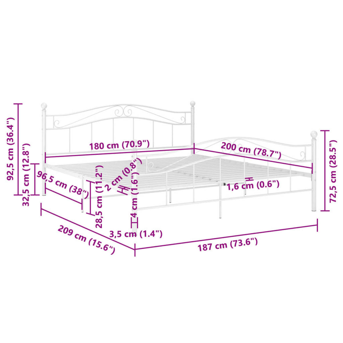 BETT Weiss Metall 180/200 Cm - Weiß, Metall (180/200cm) - vidaXL