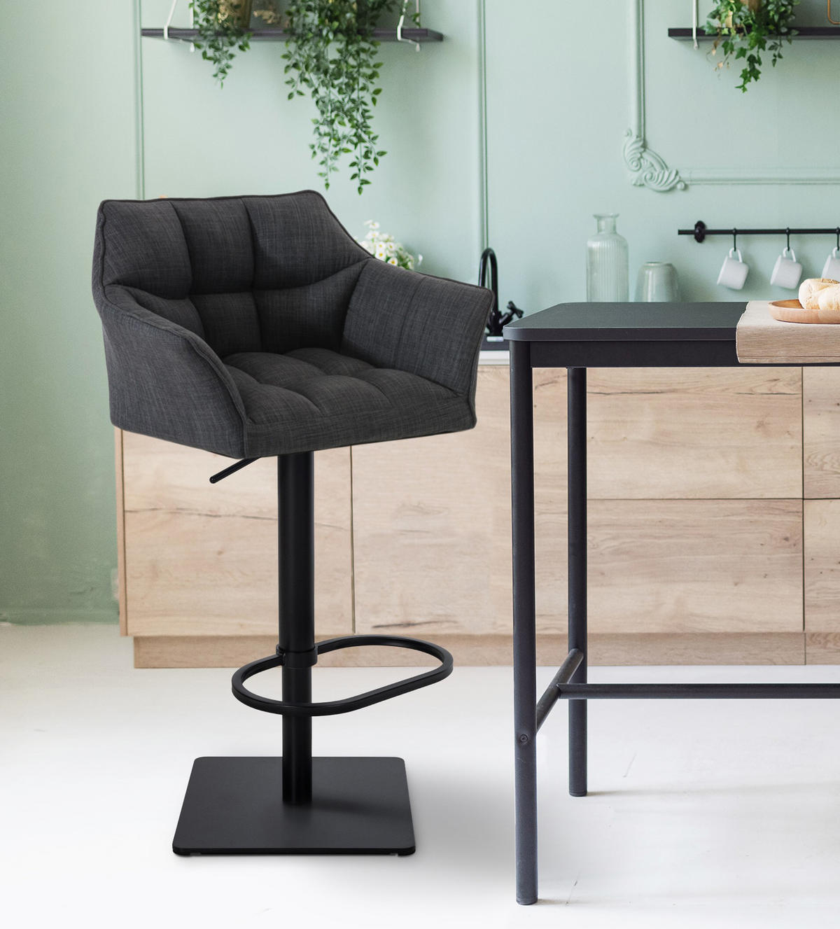 BARHOCKER 2er Set Damaskus Stoff schwarz dunkelgrau - Dunkelgrau/Schwarz, Textil/Metall (64/110/48cm) - TPFLiving