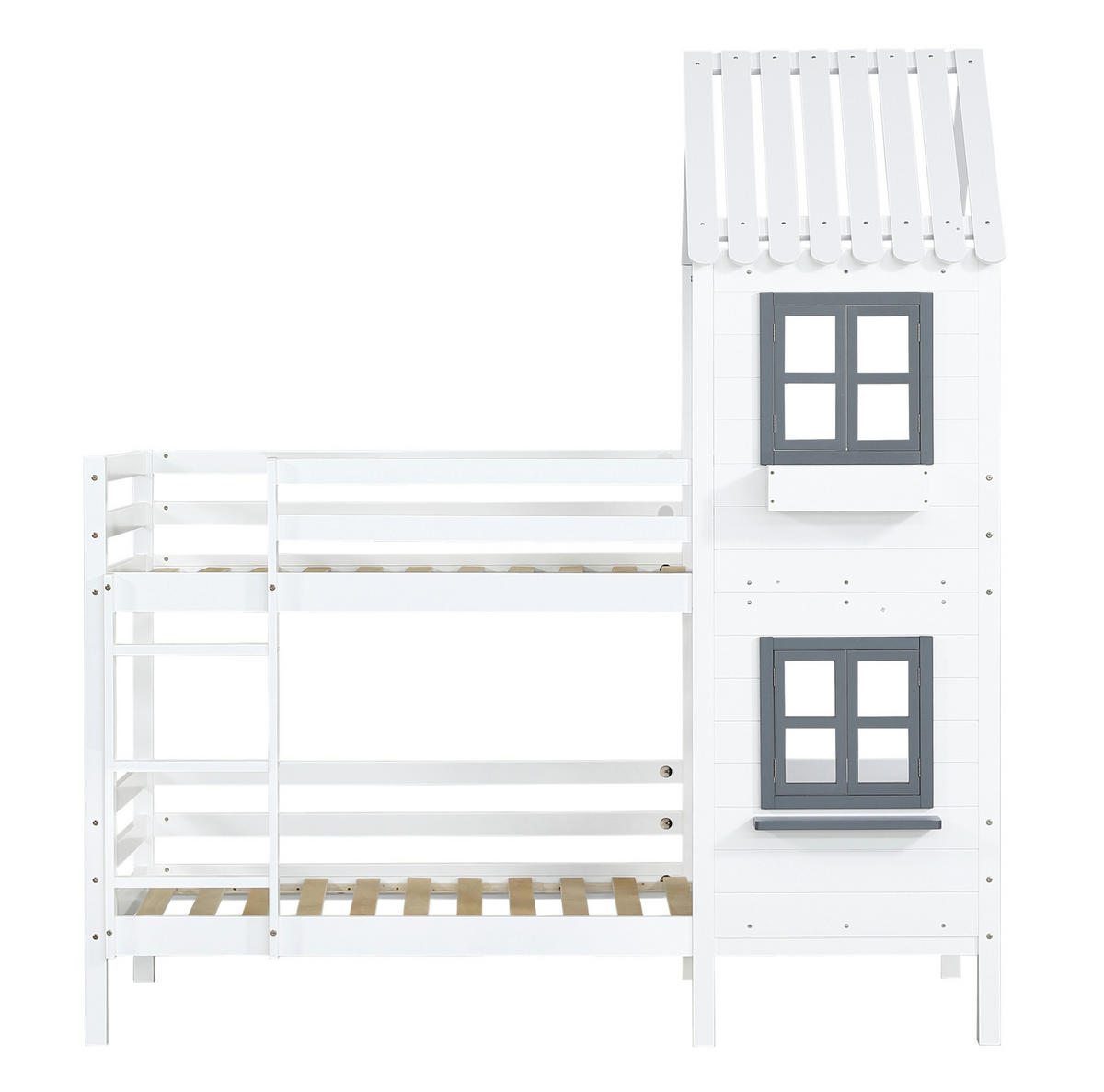 ETAGENBETT 90/200 cm mit Fenster, Handlauf und Hausdach aus Kiefernholz und MDF, Weiß/Grau - Weiß, Holzwerkstoff (90/200cm) - Redom