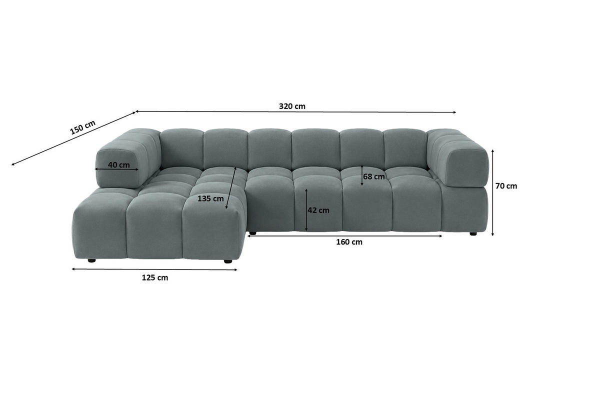 ECKSOFA L-Form, Veloursstoff Bluvel, Blaugrau, Links, Averro XL - Blaugrau, Holz (320/150cm) - Kaiser Möbel