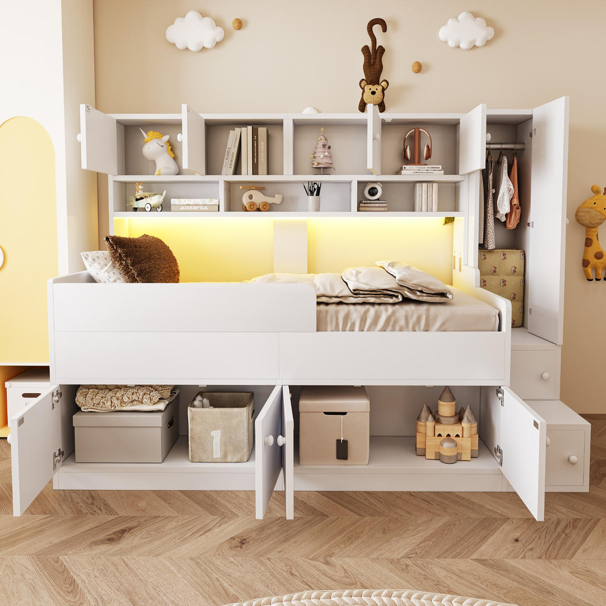 STAURRAUMBETT 90/200 cm DE-01518, in Weiß, mit Kleiderschrank, Kletterleiter und LED-Beleuchtung - Weiß, Holzwerkstoff (90/200cm) - ComfortXL