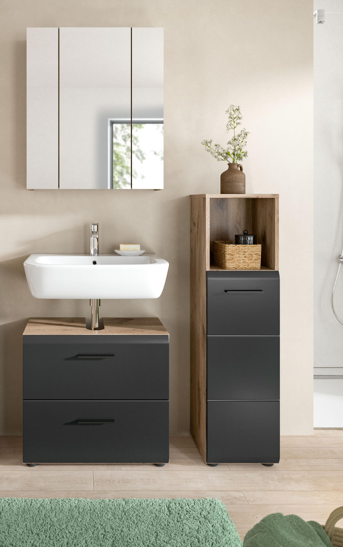 BADMÖBEL-SET 3-teilig schwarz matt, Nox Eiche, Badkombination 105 x 185 cm - Eichefarben/Schwarz, Glas/Holzwerkstoff (105/185/30cm) - Inn.Furn