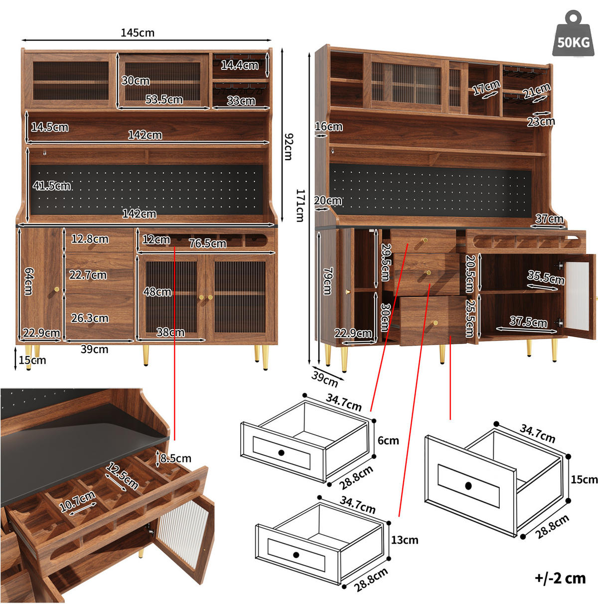 BUFFET 145/171/39 cm Walnuss aus MDF und Glas mit LED-Beleuchtung - Walnussfarben, Glas (39/171/145cm) - OKMYHOME