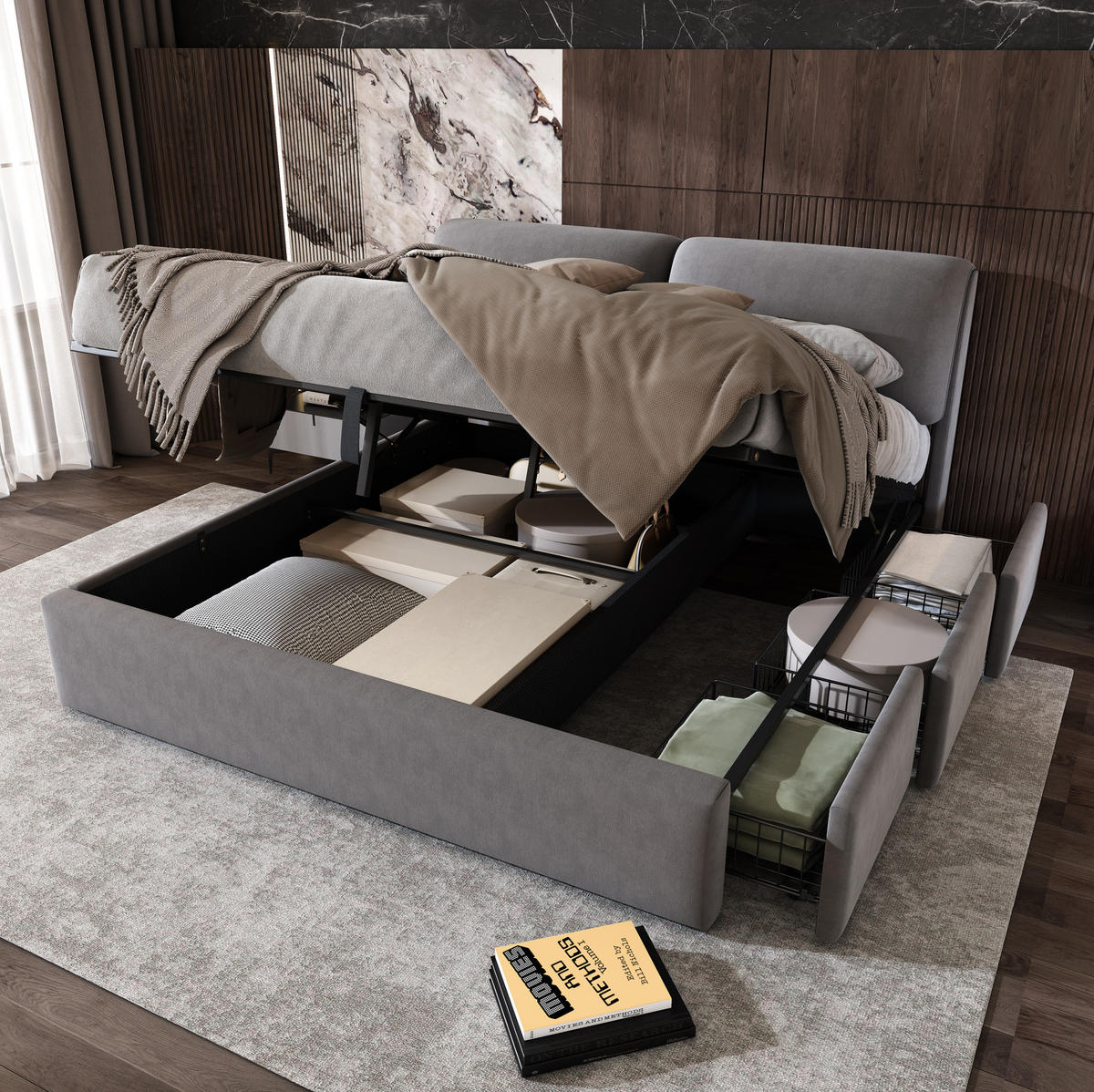 POLSTERBETT 180/200 cm grau aus Samt mit Bettkasten und 3 Schubladen - Grau, Textil (180/200cm) - OKWISH