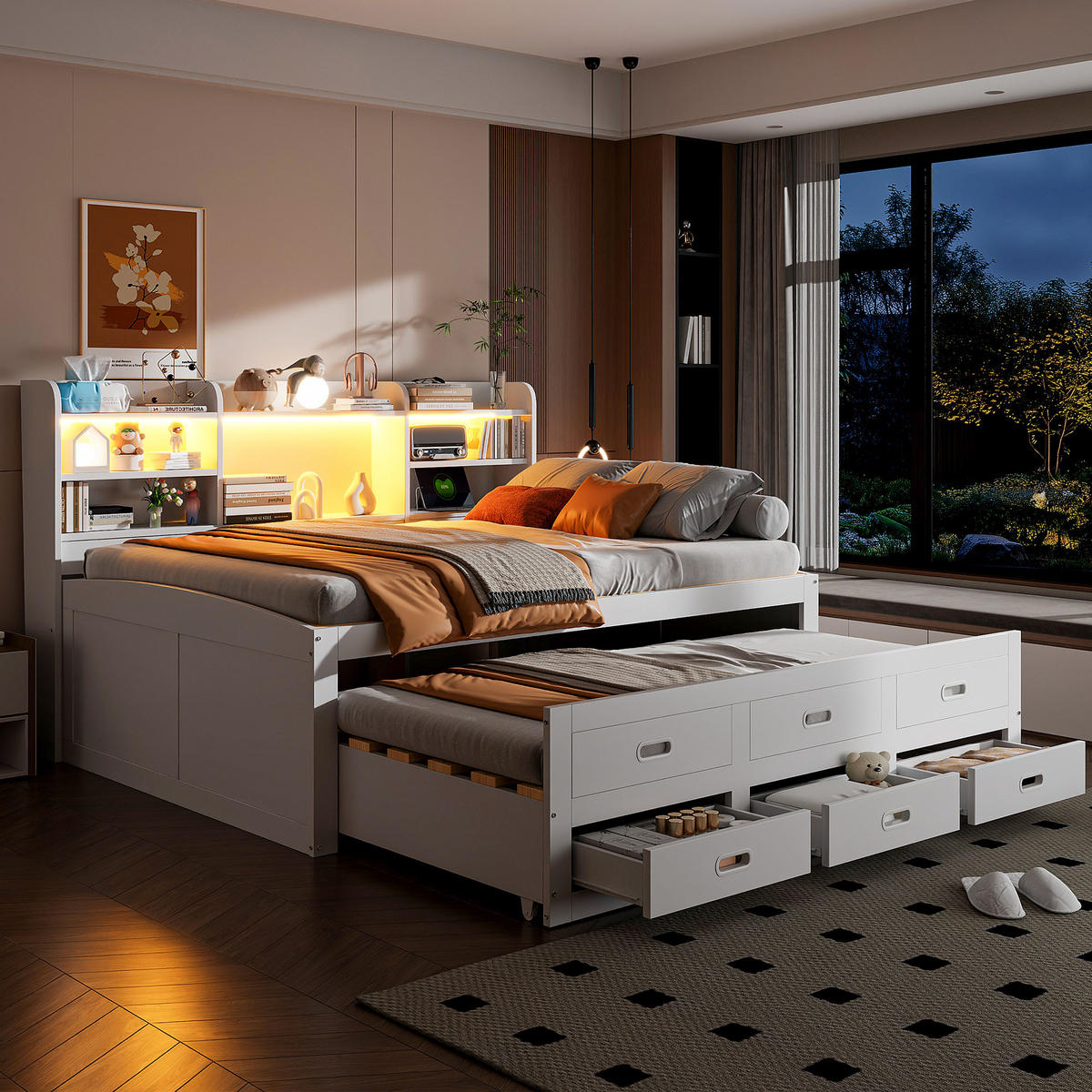 TAGESBETT 140x200cm Weiß LED Schubladen USB-C Nachttisch Klappbar Ausziehbar - Weiß, Holz (140/200cm) - FLIEKS