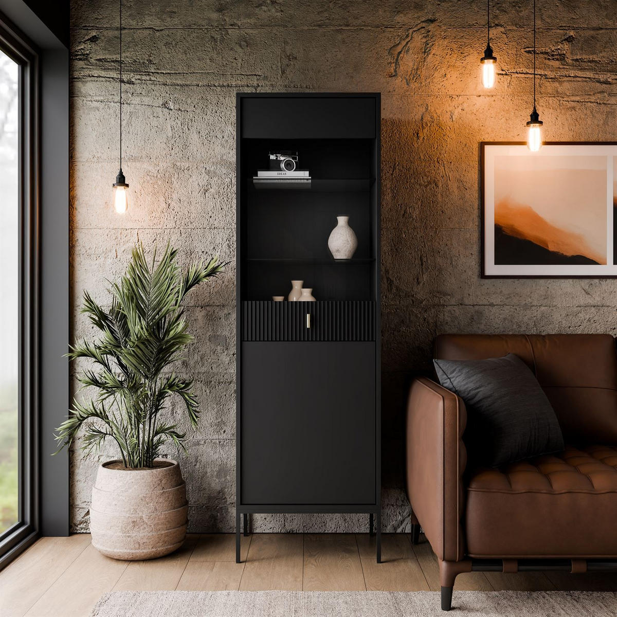 VITRINE MIDNIGHT mit Glastür auf Gestell schwarz - Schwarz, Holzwerkstoff (54/175/39cm) - Lookway