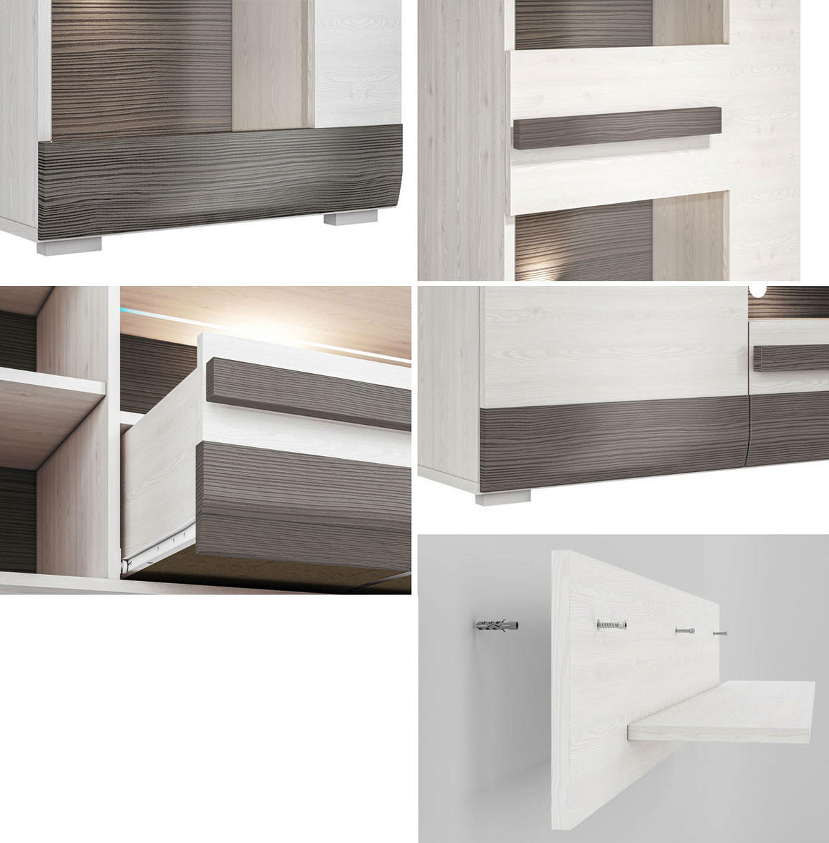 WOHNWAND 4-TEILIG Blanco Pinie weiß / grau 312 / 42 / 202cm - Weiß/Grau, Holz/Holzwerkstoff (312/202/42cm) - Feldmann-Wohnen